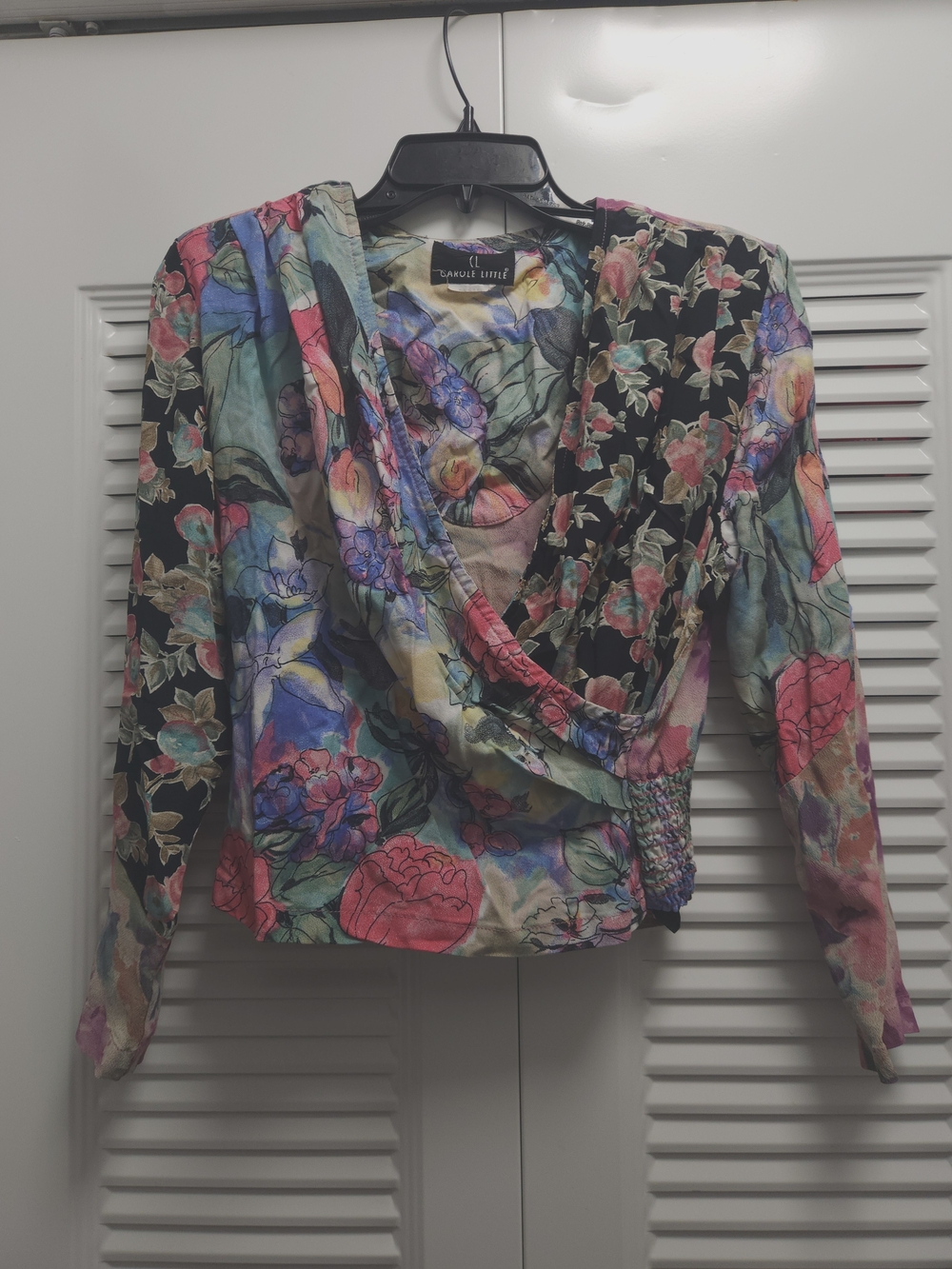Vintage Carol Little Floral Crossover Blouse 🌸Smocked Waist Shoulder Pads Retro